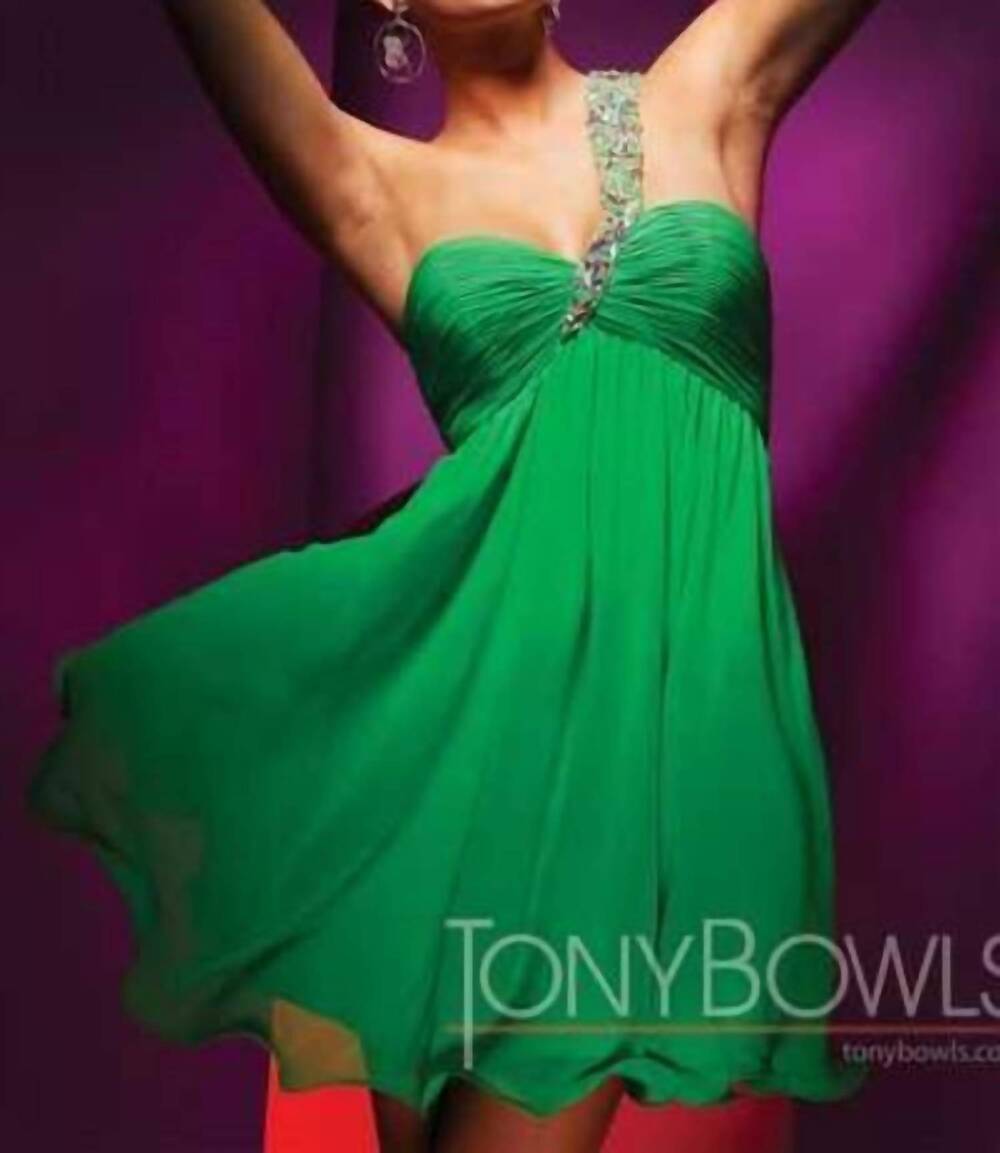 NEW TONY BOWLS pleated sweetheart chiffon dress in green